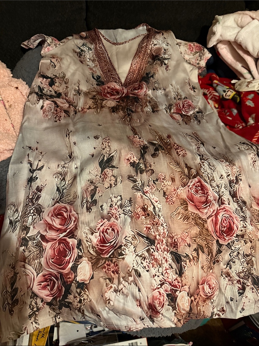 SHEIN Pink Rose-Print Midi Dress with Lace V-Neck